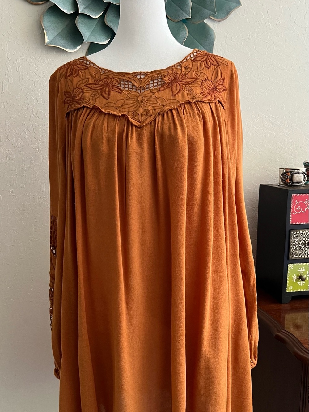 Umgee USA Boho Peasant Spice Color Babydoll Mini Dress/Tunic Top Cotton Blend M